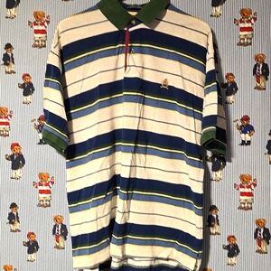 Vintage Tommy Hilfiger Striped Polo Shirt with Green Collar Large